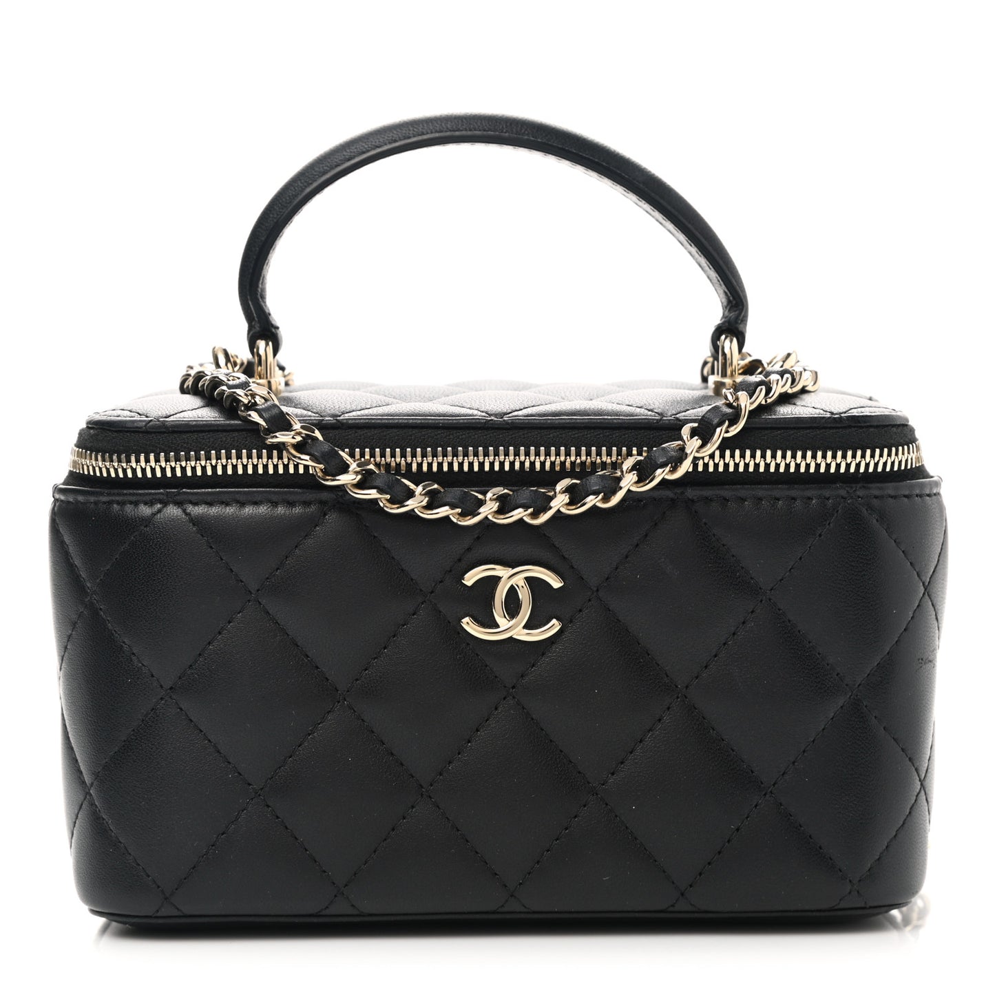 Lambskin Quilted Small Top Handle Vanity Case With Chain Black