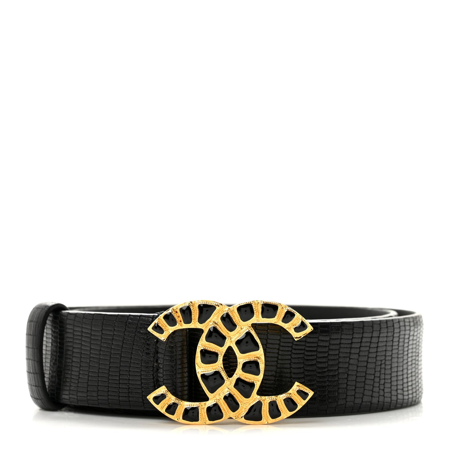 Lizard Embossed Calfskin Gripoix Poured Glass Along The Nile CC Belt 80 32 Black Gold