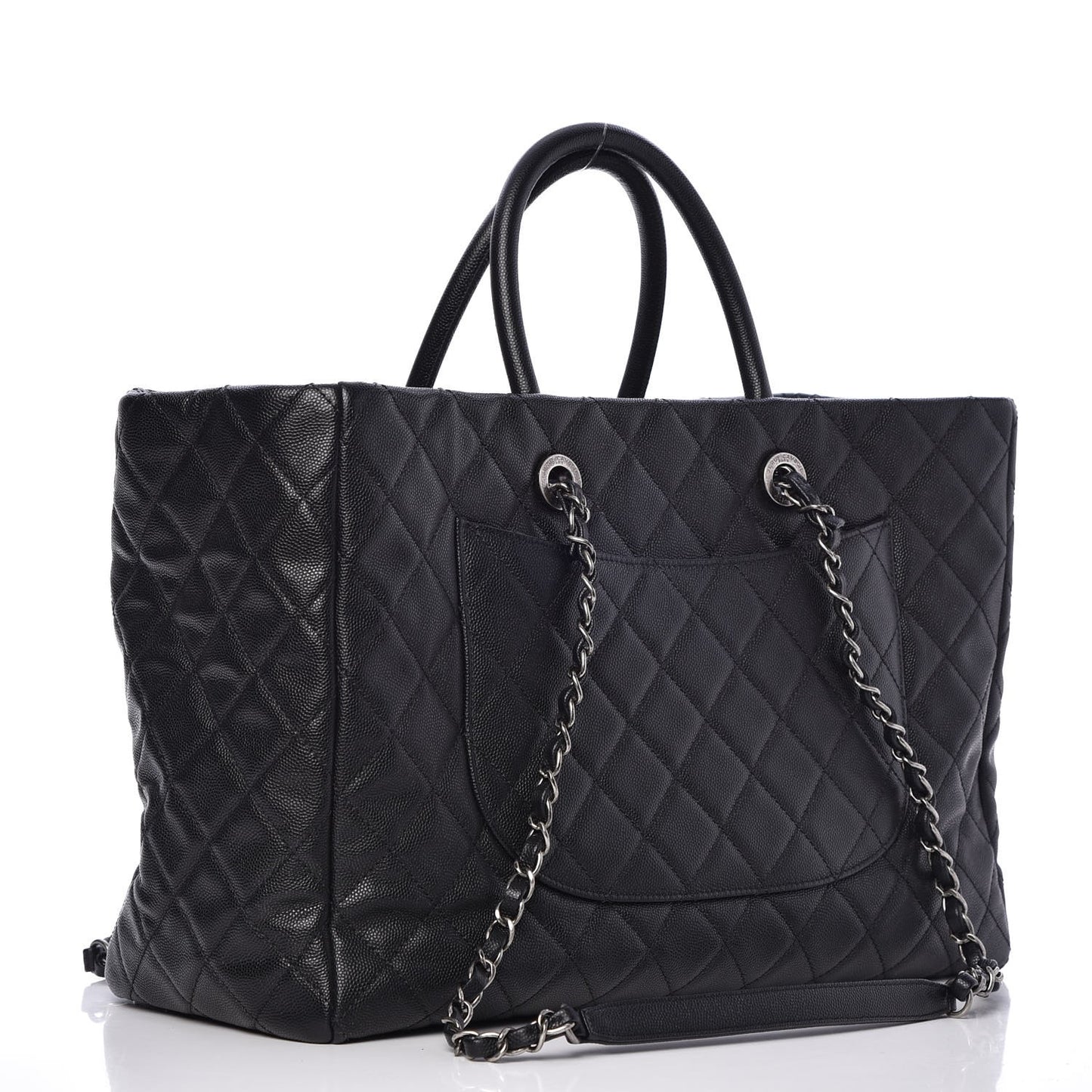 Caviar Quilted Large Coco Handle Shopping Tote Black
