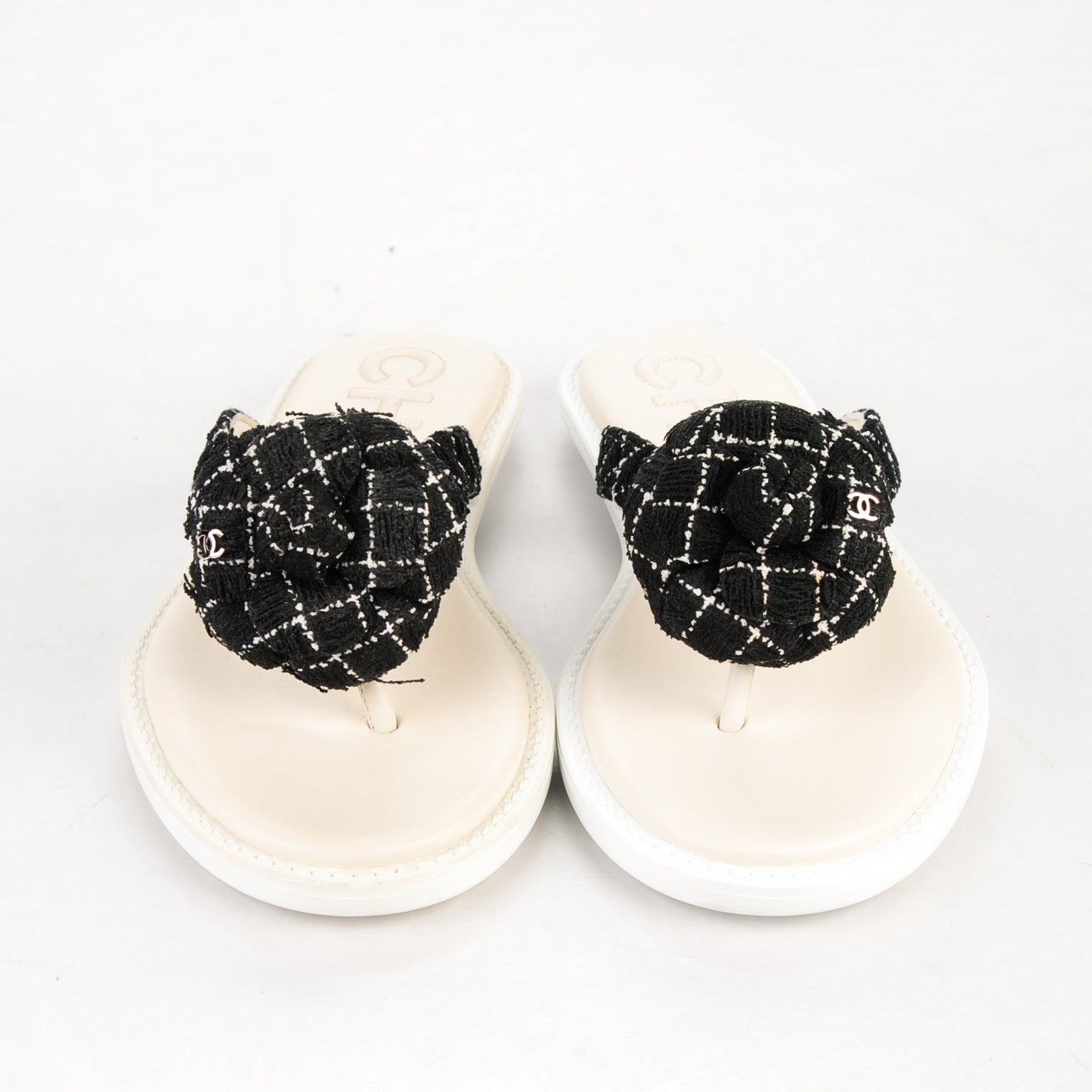 Chanel Tweed Quilted Camellia Thong Sandals 36 Black White 2 of 7