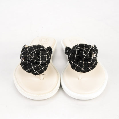 Chanel Tweed Quilted Camellia Thong Sandals 36 Black White 2 of 7