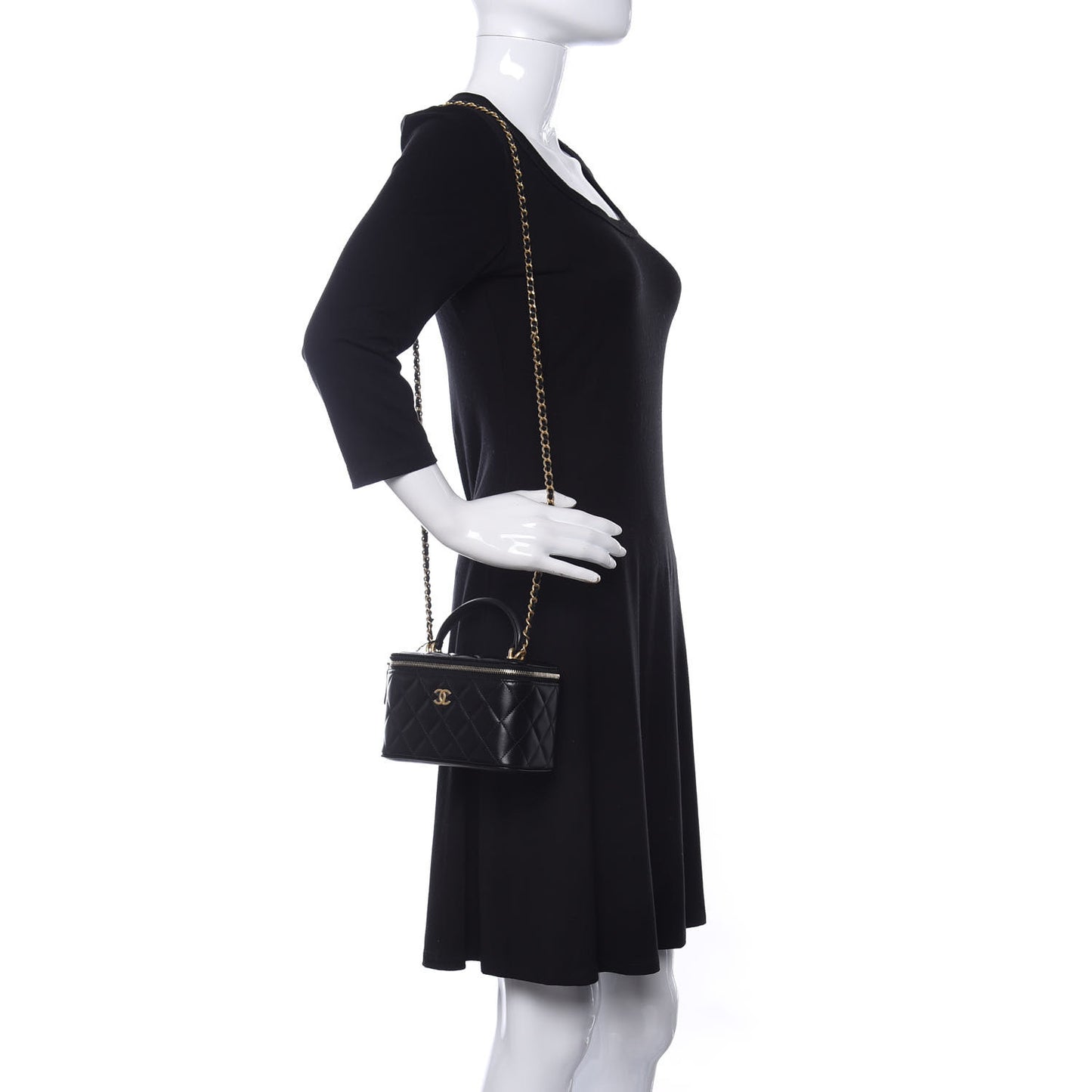 Lambskin Quilted Small Top Handle Vanity Case With Chain Black