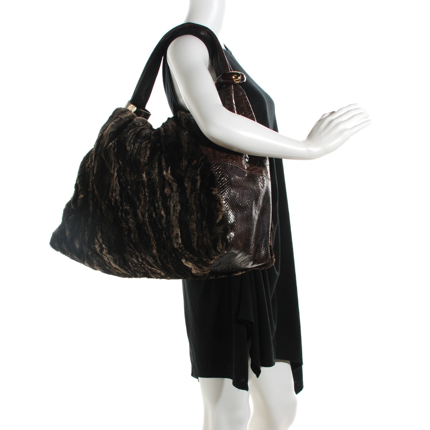 Jimmy Choo Mink Fur Snakeskin Crocodile Lizard Large Saba Hobo Brown 2 of 7