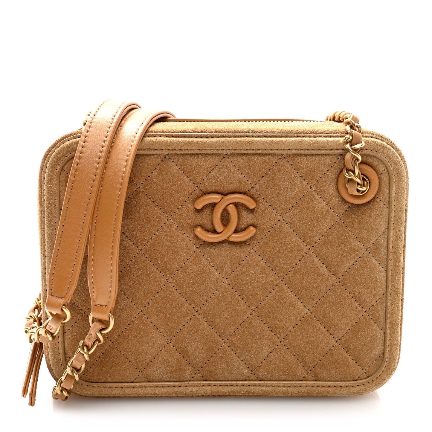 Suede Quilted CC Tassel Camera Case Light Brown