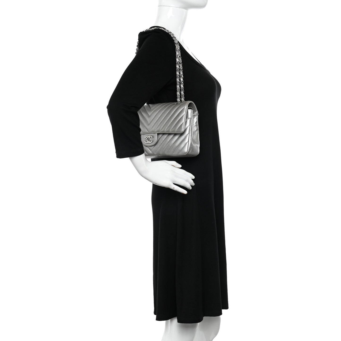 Metallic Caviar Chevron Quilted Medium Double Flap Silver