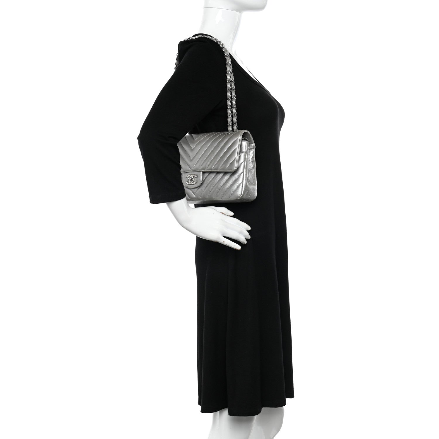 Chanel Metallic Caviar Chevron Quilted Medium Double Flap Silver 2 of 12