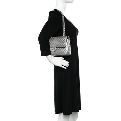 Chanel Metallic Caviar Chevron Quilted Medium Double Flap Silver 2 of 12