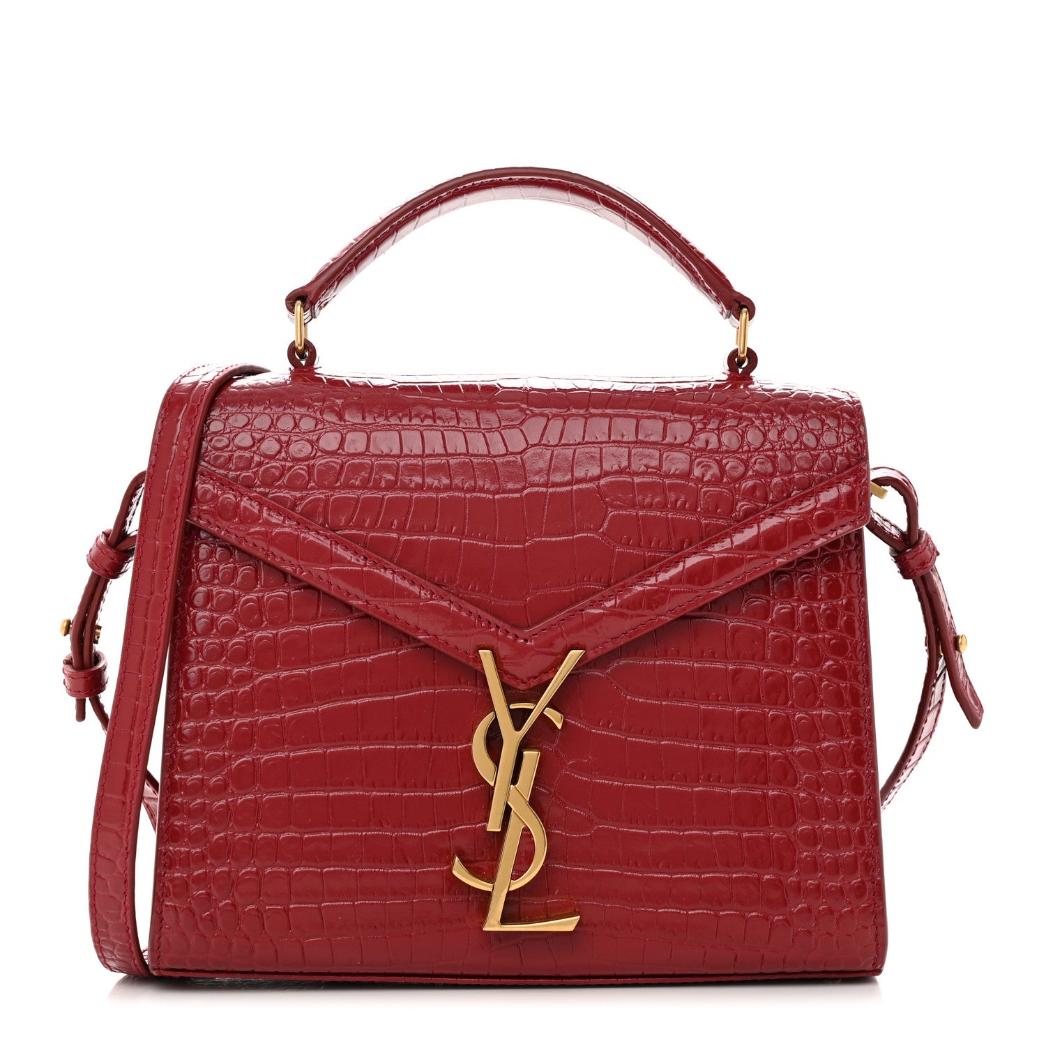 Saint Laurent Calfskin Crocodile Embossed Mini Classic Monogram Cassandra Top Handle Red 1 of 10