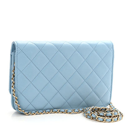 Chanel Caviar Quilted Crystal CC Wallet On Chain WOC Light Blue 3 of 13