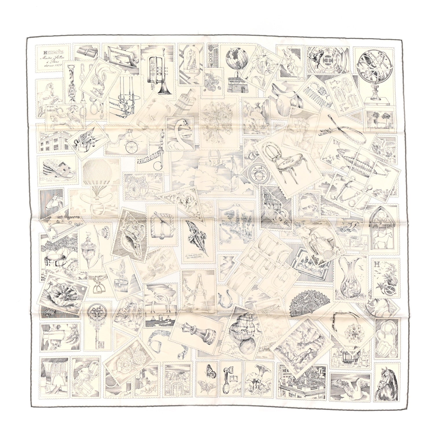 Hermes Silk Le Philateliste Du Faubourg Scarf 90 Gris Parchemin White 1 of 5