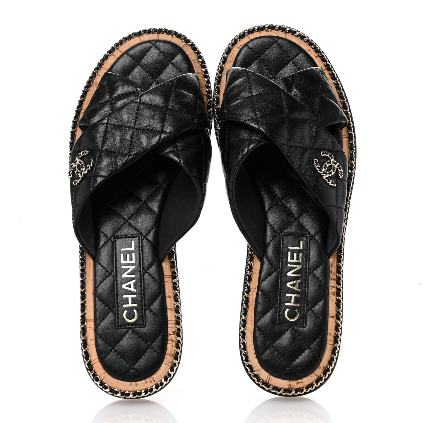 Lambskin Quilted Chain CC Sandals 39 Black