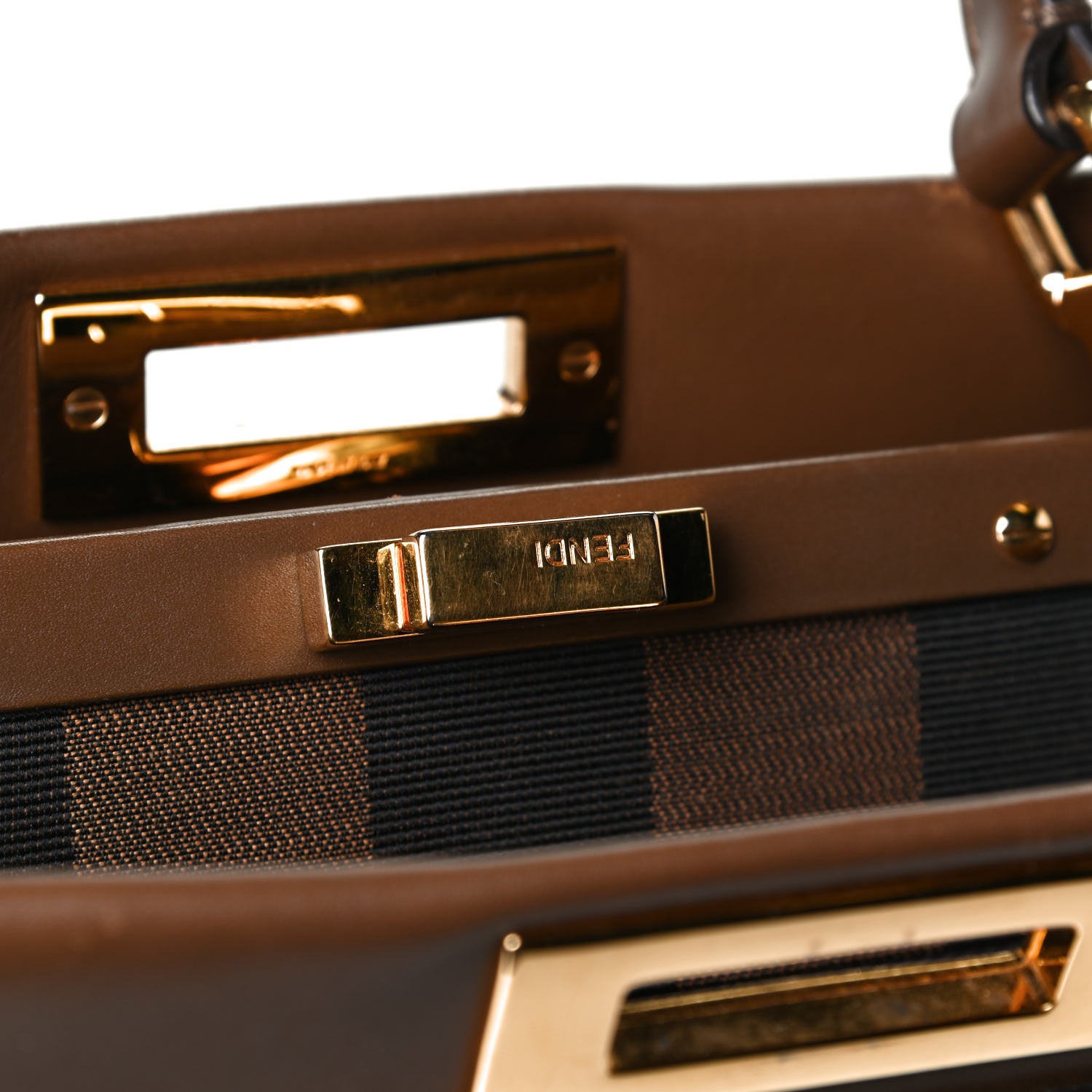 Fendi Vitello Morgan Fabric Jacquard Pequin Medium Peekaboo Iconic Satchel Foresta Tobacco Black 10 of 12