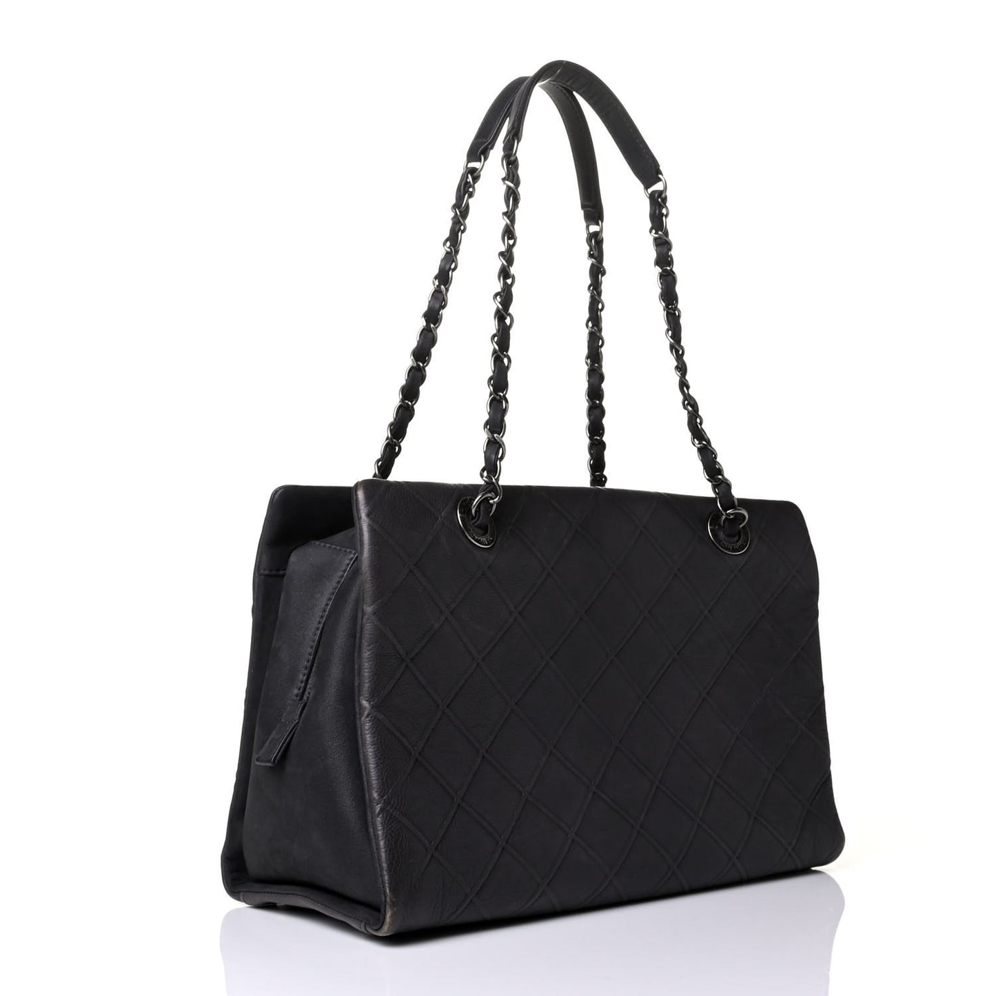 Calfskin Diamond Embossed Large CC Zip Shopping Tote Grey