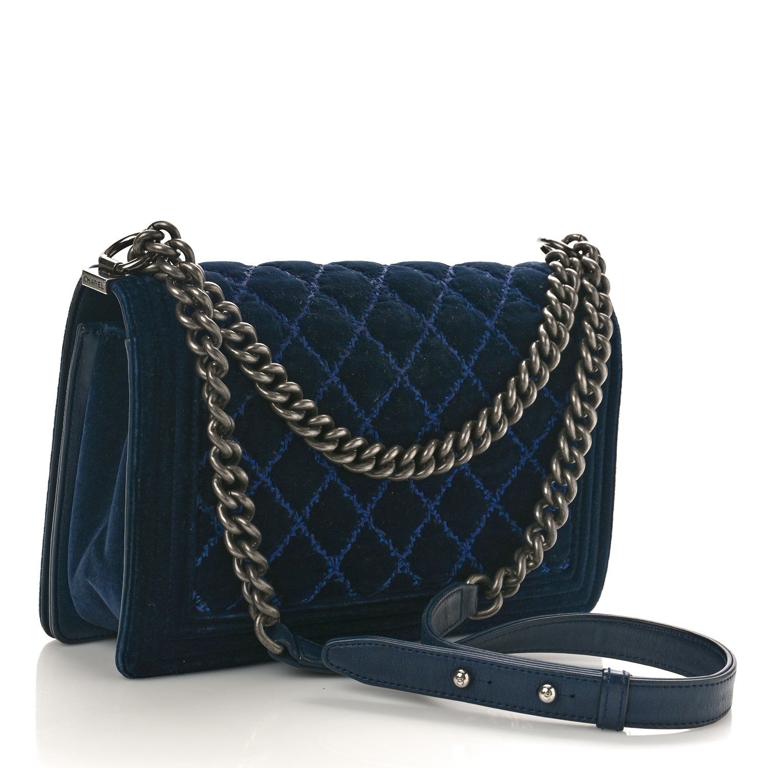 Chanel Velvet Tweed Quilted New Medium Boy Flap Dark Navy Blue 2 of 17
