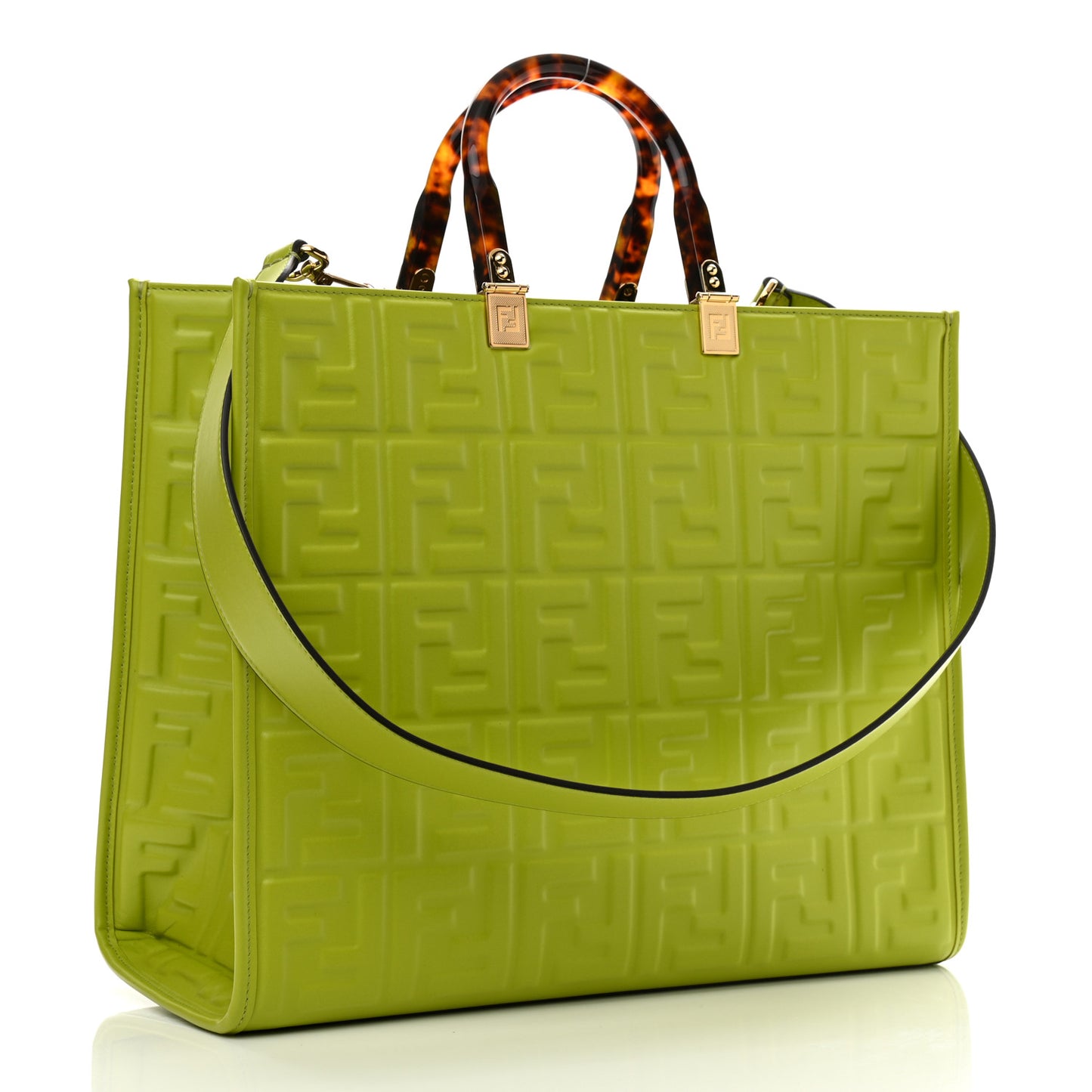 Vitello Plexiglass FF Embossed Medium Fendi Sunshine Shopper Tote Wasabi