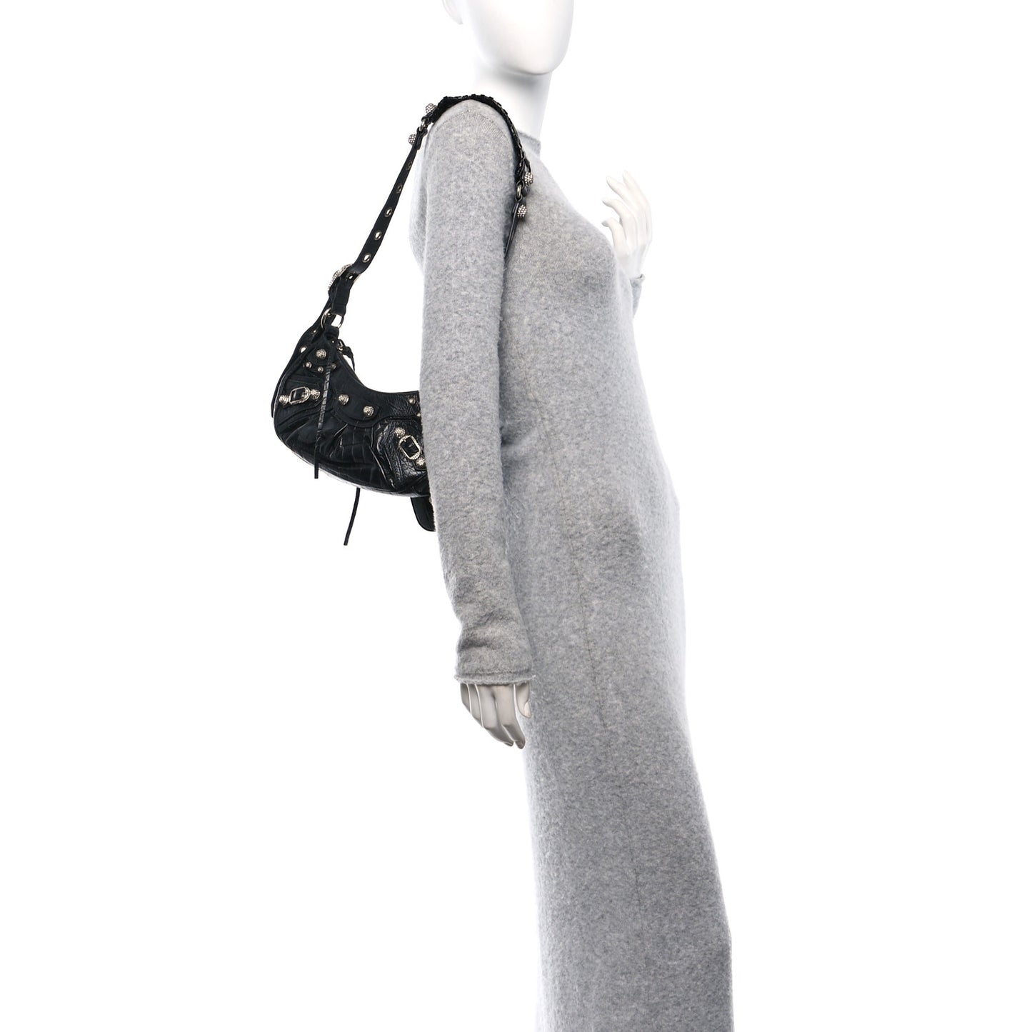 Extra Supple Calfskin Crystal Crocodile Embossed Le Cagole Shoulder Bag XS Black