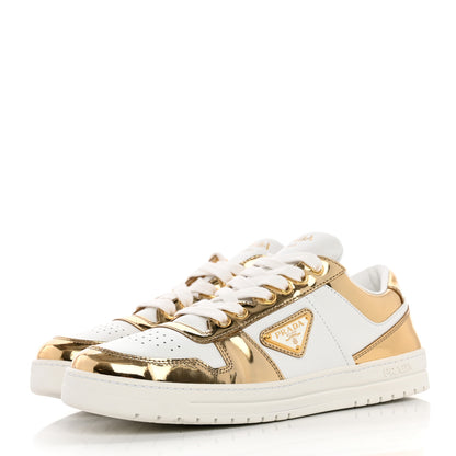 Prada Vitello Metallic Calfskin Metal Triangle Logo Womens Downtown Low Top 30mm Sneakers 41 White Platino 3 of 12