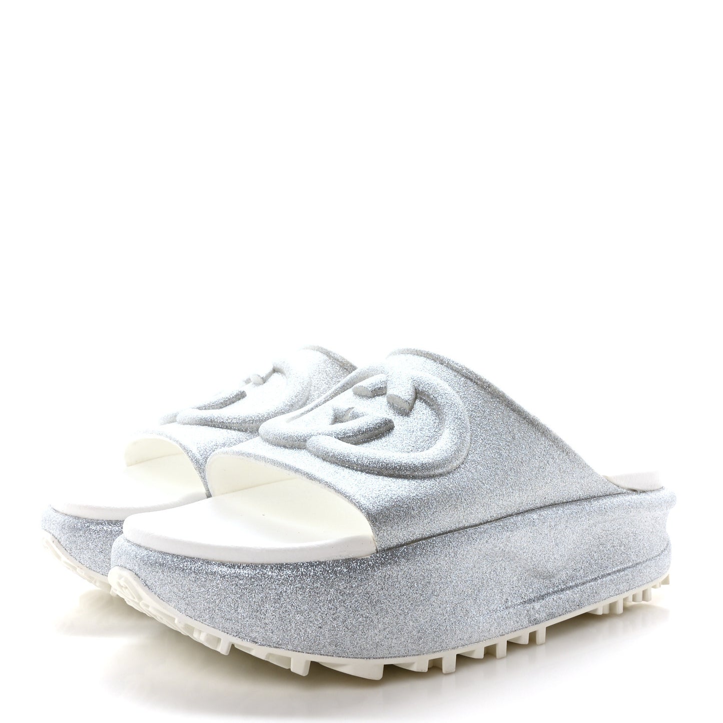 Glitter Rubber Womens Interlocking G Platform 42mm Slide Sandals 41 Silver