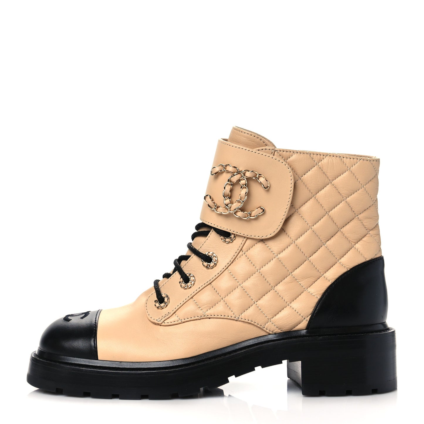 Shiny Lambskin Quilted Lace Up Combat Boots 41 Beige Black