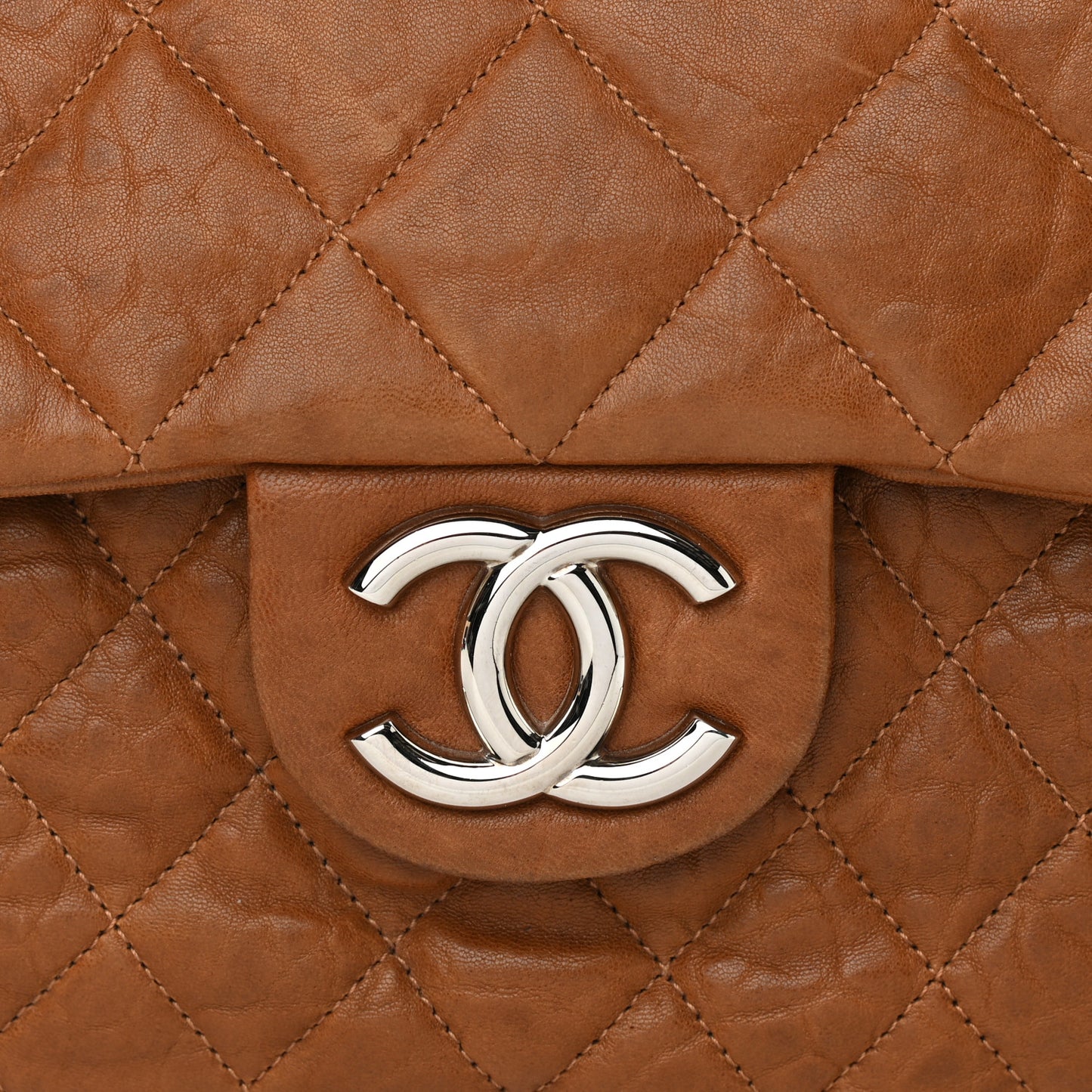 Washed Lambskin Quilted Chain Around Maxi Flap Brown
