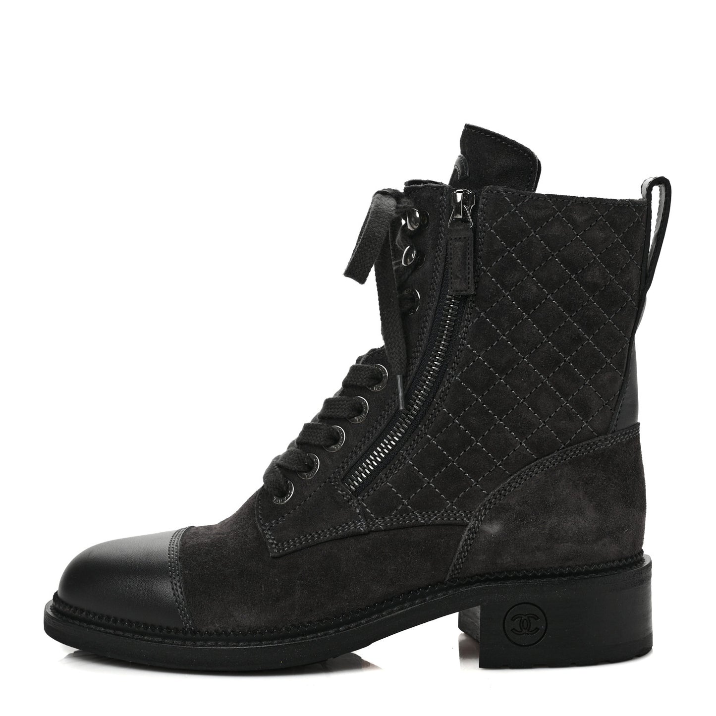 Suede Quilted CC Lace Up Combat Boots 38 Grey