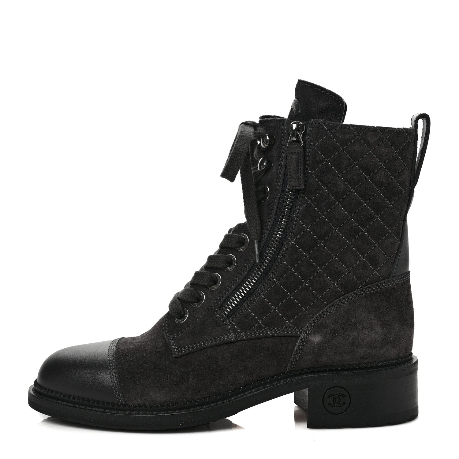 Chanel Suede Quilted CC Lace Up Combat Boots 38 Grey 1 of 6