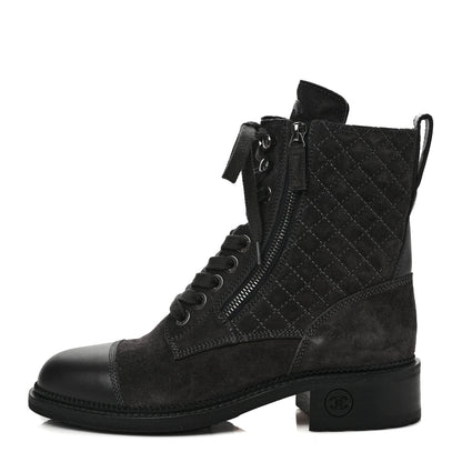 Chanel Suede Quilted CC Lace Up Combat Boots 38 Grey 1 of 6