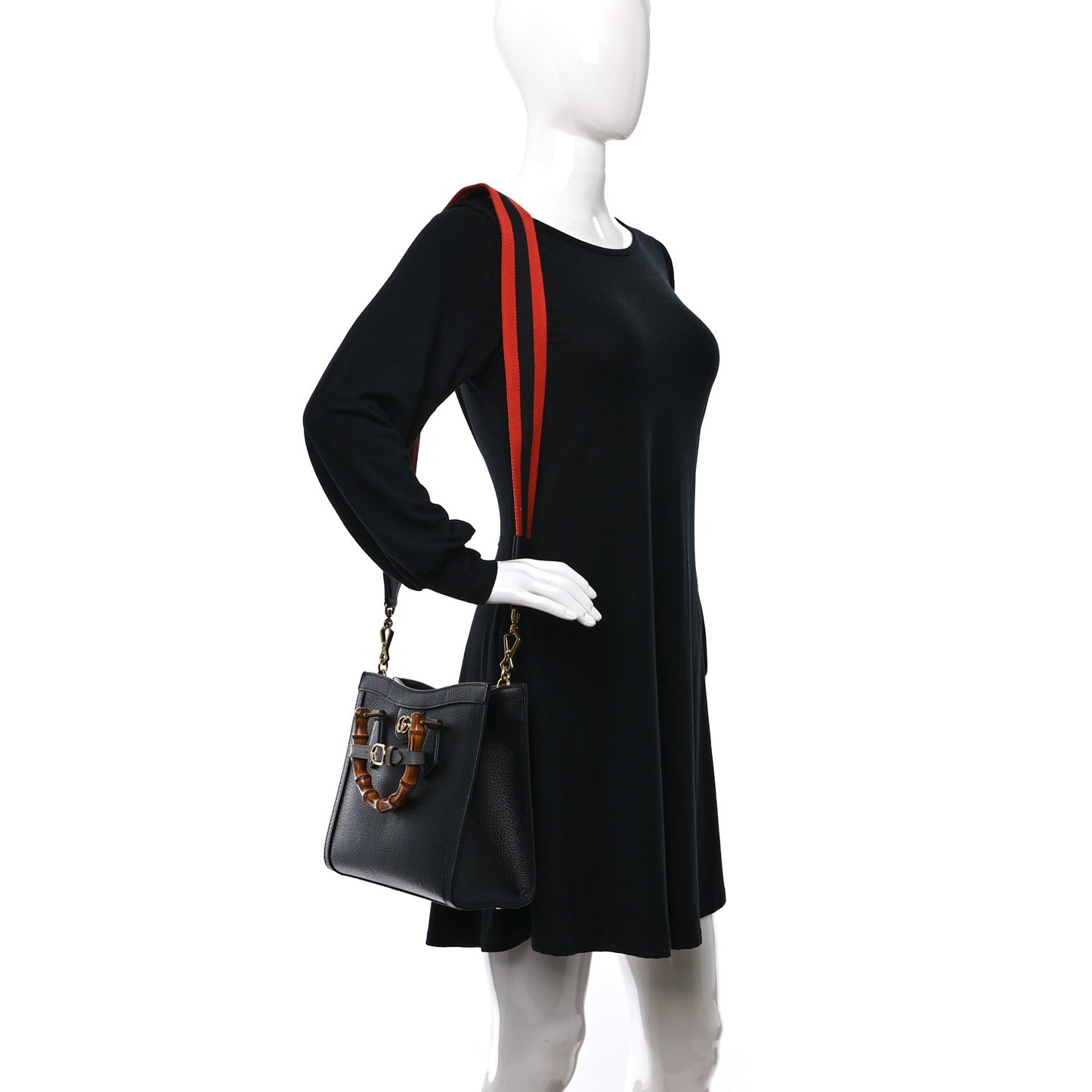 Textured Dollar Calfskin Web Small Diana Tote Bag Black Dusty Grey