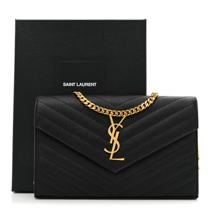 Saint Laurent Grain De Poudre Matelasse Chevron Monogram Chain Wallet Black 13 of 13