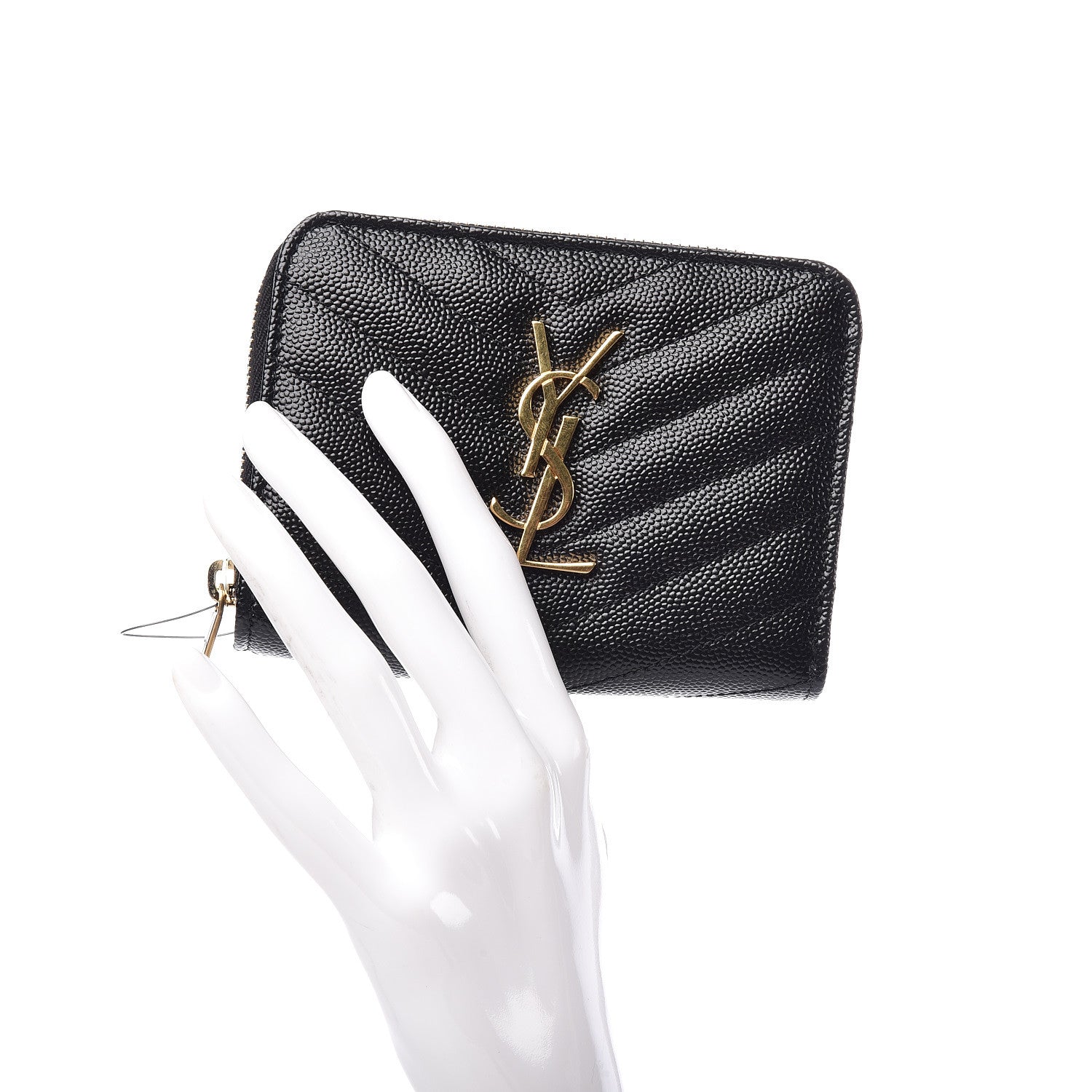 Saint Laurent Grain De Poudre Matelasse Chevron Monogram Compact Zip Around Wallet Black 2 of 7