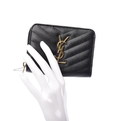 Saint Laurent Grain De Poudre Matelasse Chevron Monogram Compact Zip Around Wallet Black 2 of 7