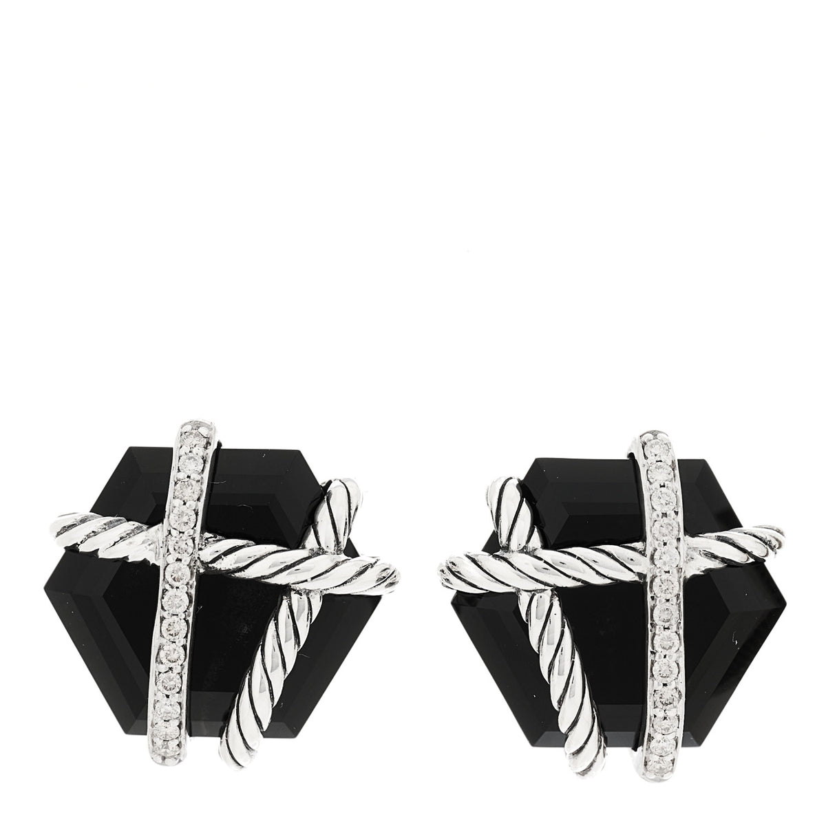 David Yurman Sterling Silver Diamond Black Onyx 14mm Cable Wrap Earrings 1 of 4