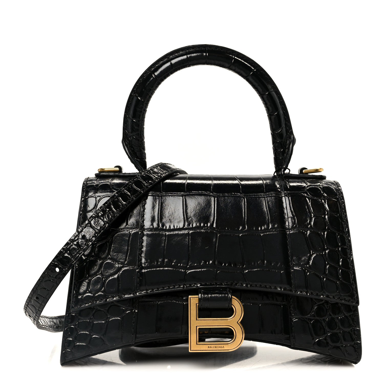 Balenciaga Shiny Calfskin Crocodile Embossed Hourglass Top Handle Bag XS Black 1 of 11