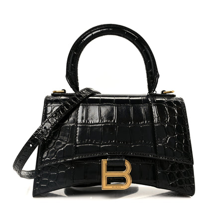 Balenciaga Shiny Calfskin Crocodile Embossed Hourglass Top Handle Bag XS Black 1 of 11