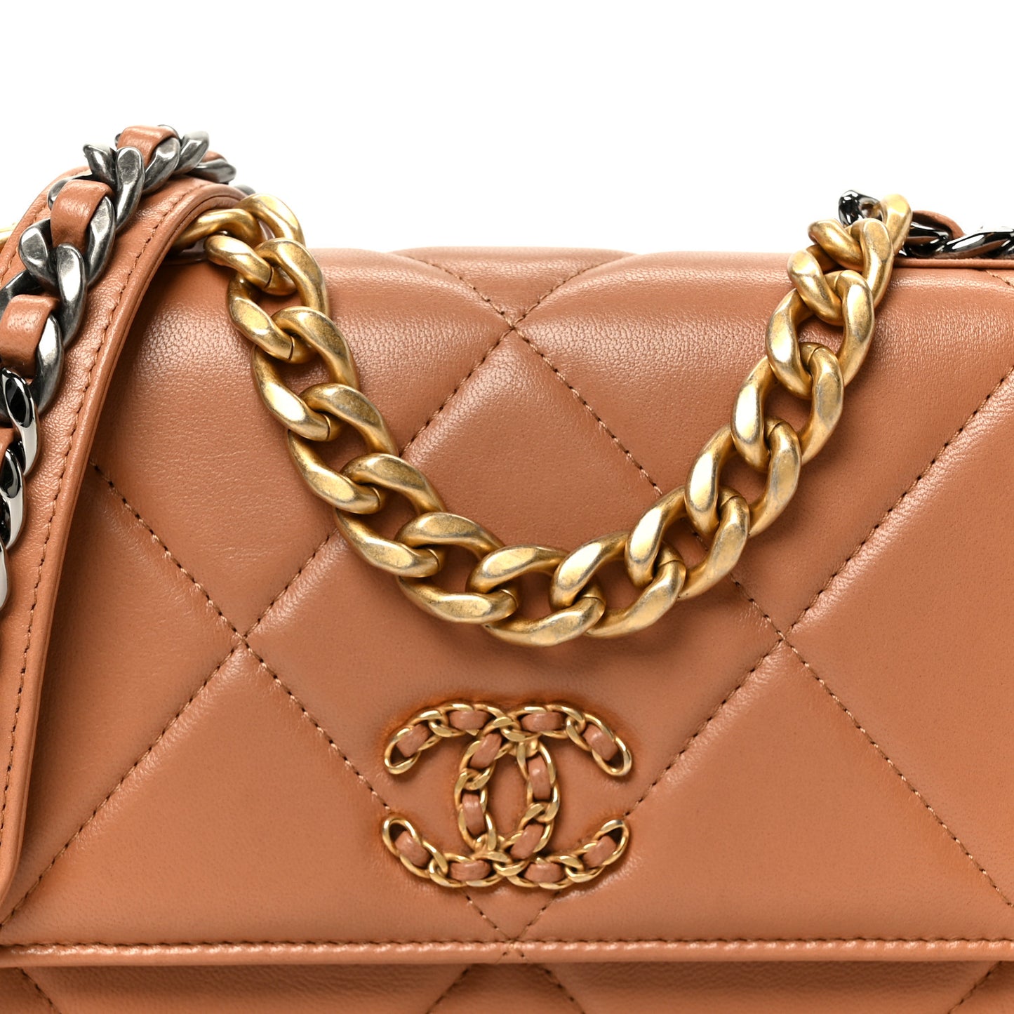 Lambskin Quilted Chanel 19 Wallet On Chain WOC Brown