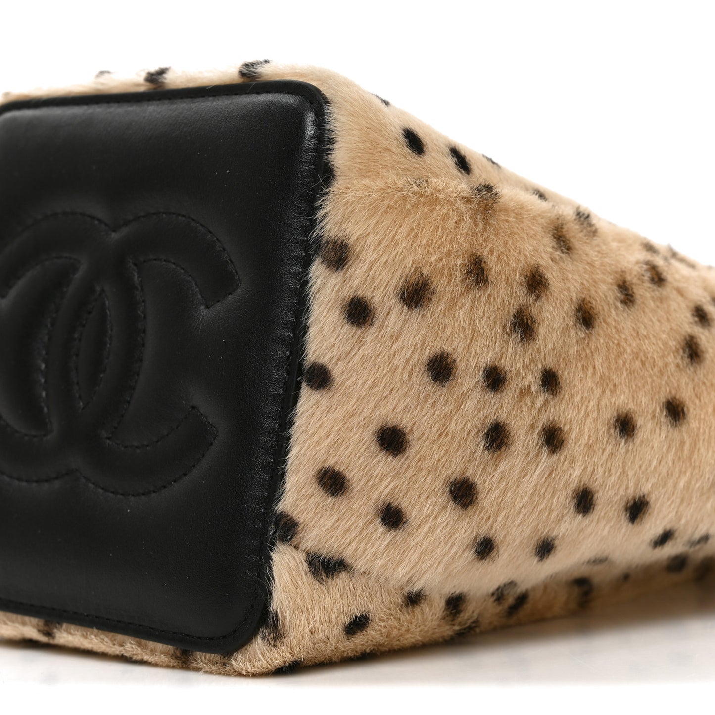 Pony Hair Cheetah Printed CC Chain Bucket Bag Light Beige Black