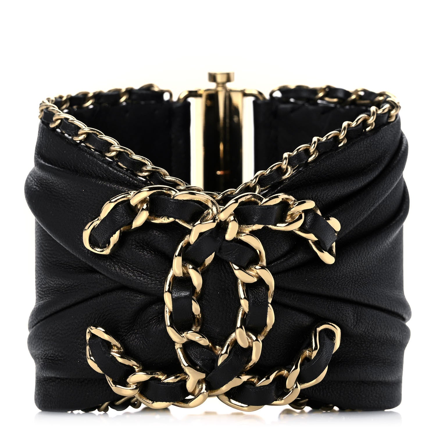 Chanel Lambskin Chain CC Cuff Bracelet Black Gold 1 of 8