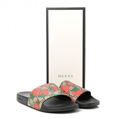Gucci GG Supreme Monogram Strawberry Slide Sandals 39 Beige Multicolor 9 of 9