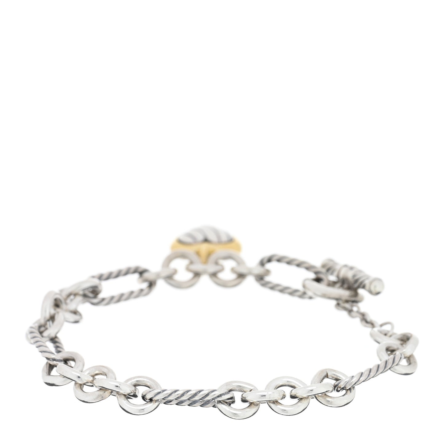 Sterling Silver 18k Yellow Gold Cable Heart Charm Bracelet