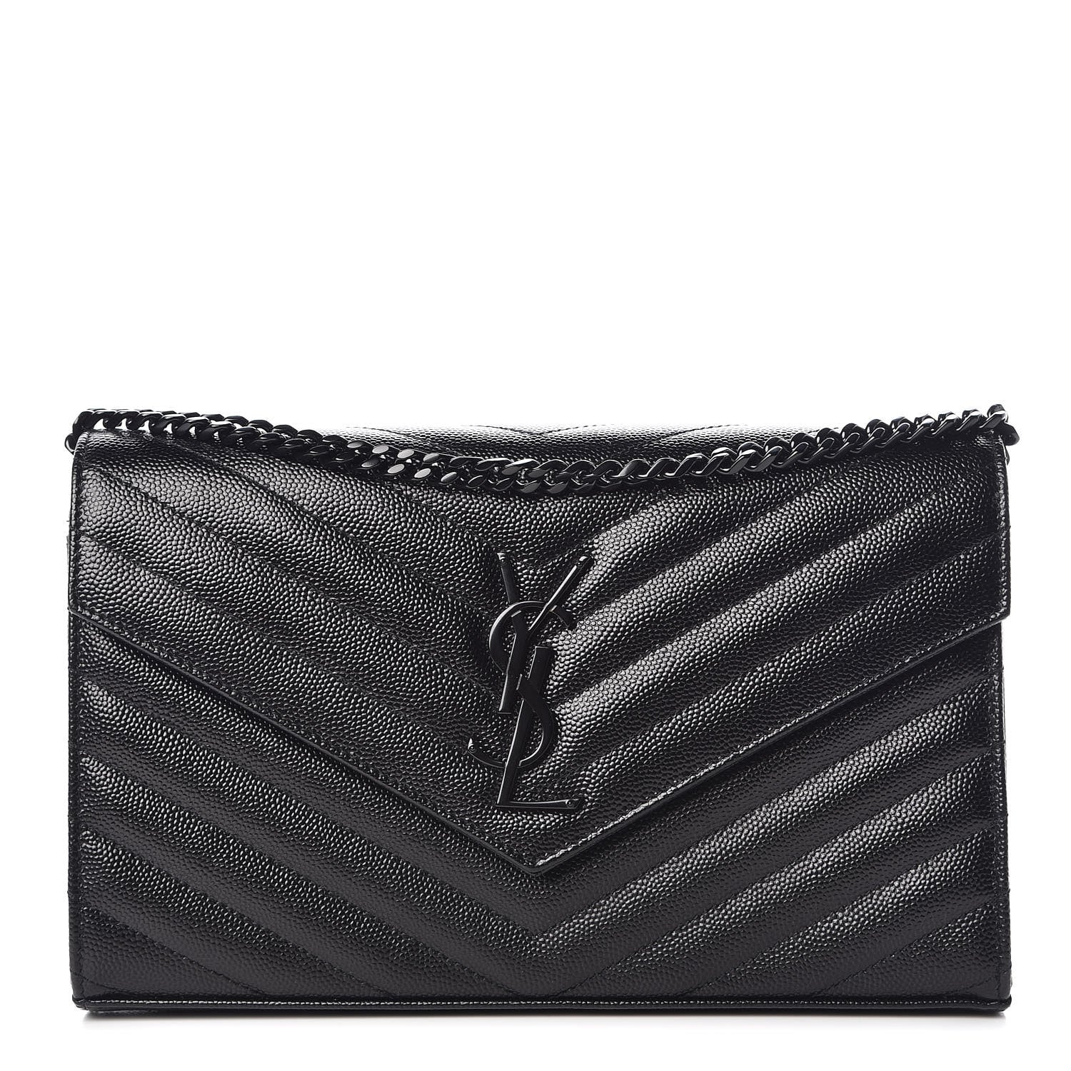 Saint Laurent Grain De Poudre Matelasse Chevron Monogram Chain Wallet Black 1 of 7