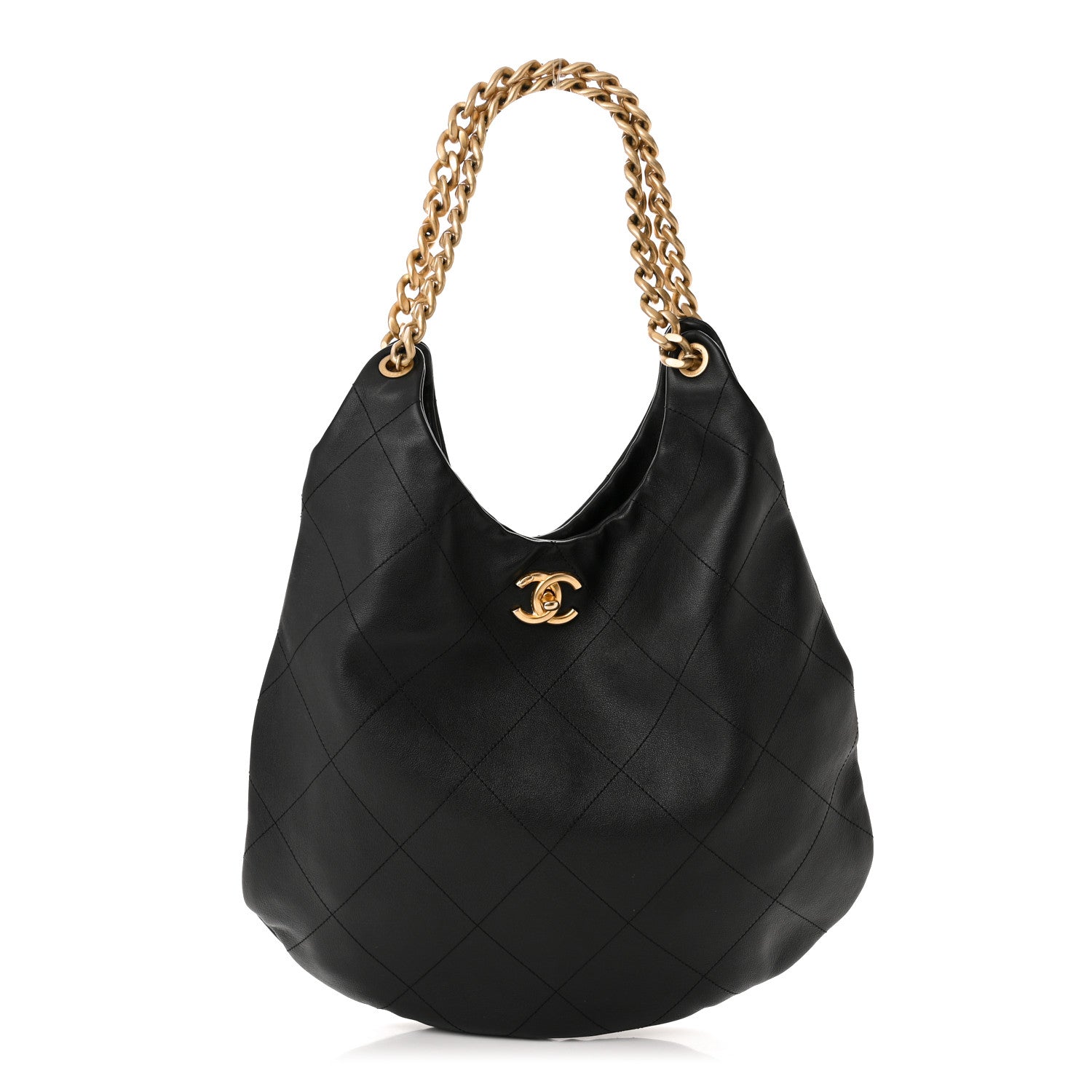 Chanel Calfskin Stitched Curved Chain Hobo Black 1 of 10