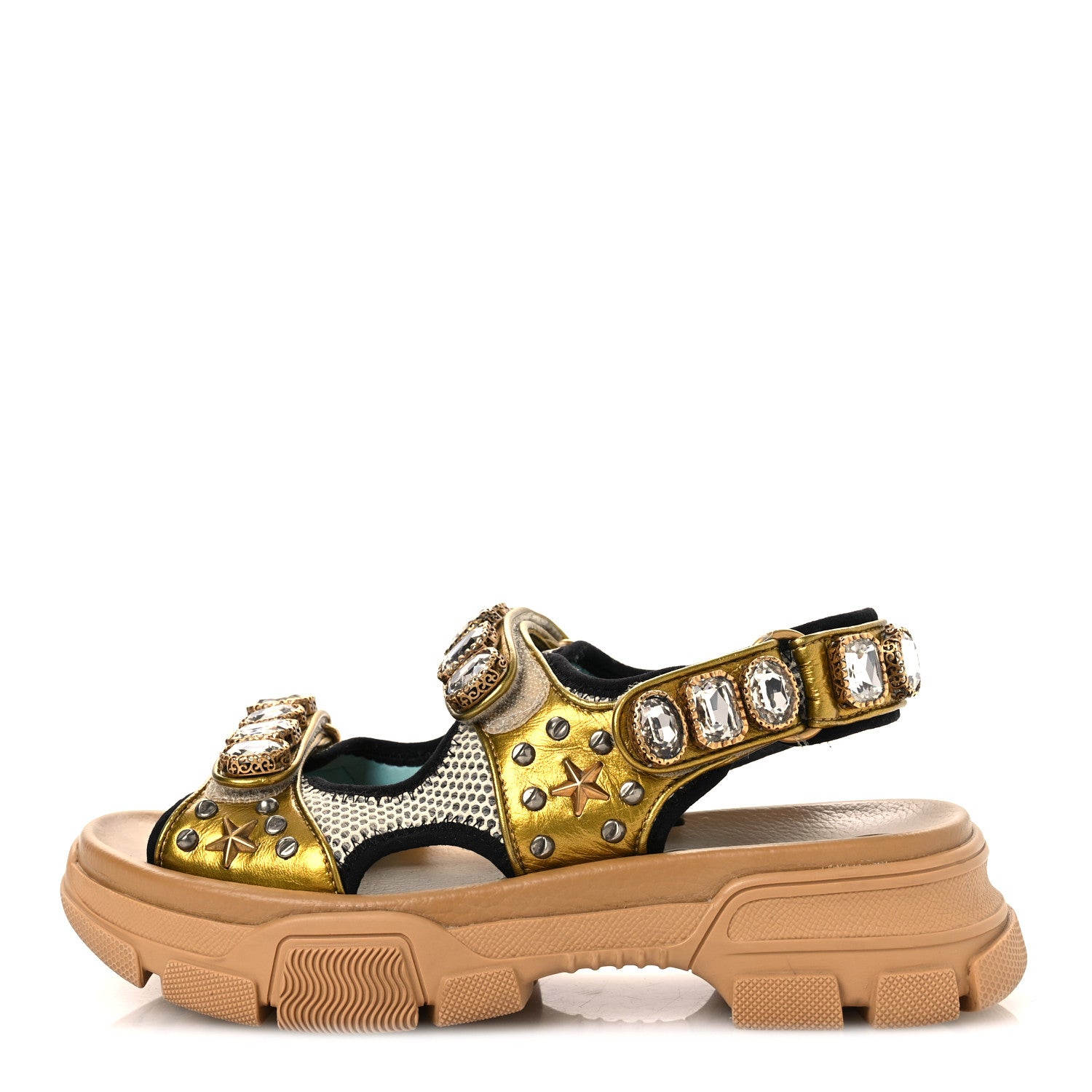 Gucci Silk Calfskin Mesh Crystal Embellished Studded Womens Aguru Sandals 38.5 Gold 1 of 12