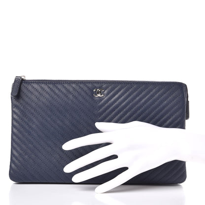 Chanel Caviar Chevron Quilted Large Zipped Clutch Navy 2 of 9