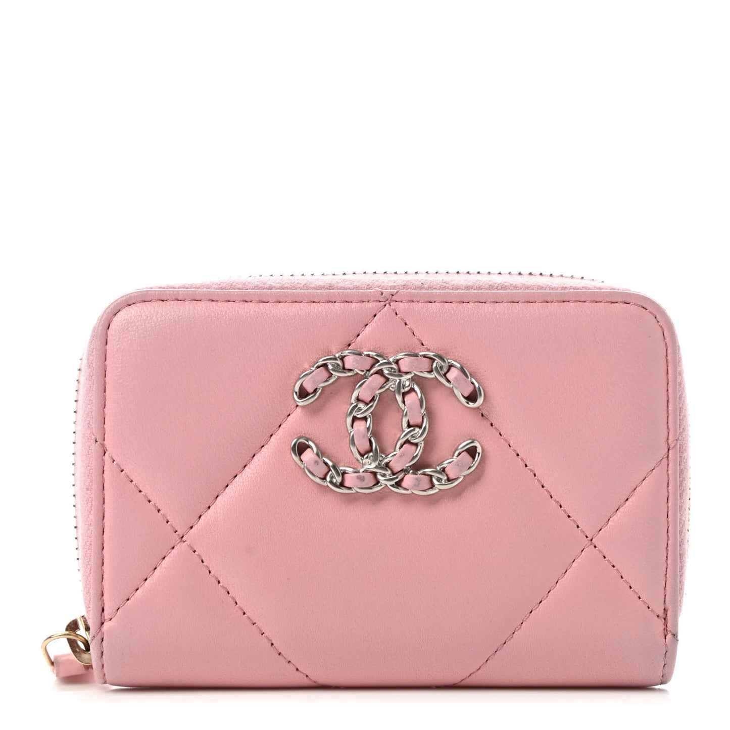 Lambskin Quilted Chanel 19 Zip Around Coin Purse Wallet Light Pink