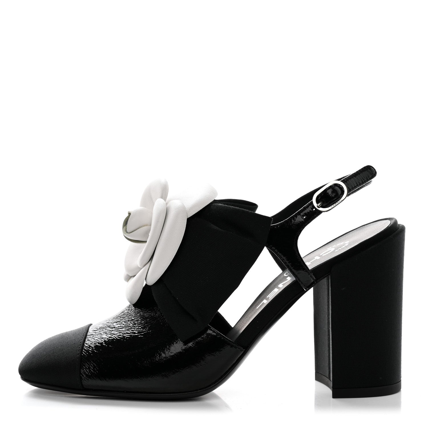 Chanel Crumpled Shiny Fabric Grosgrain Cap Toe Camellia Bow Slingback Pumps 36.5 Black 1 of 9