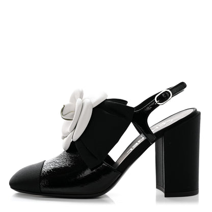 Chanel Crumpled Shiny Fabric Grosgrain Cap Toe Camellia Bow Slingback Pumps 36.5 Black 1 of 9