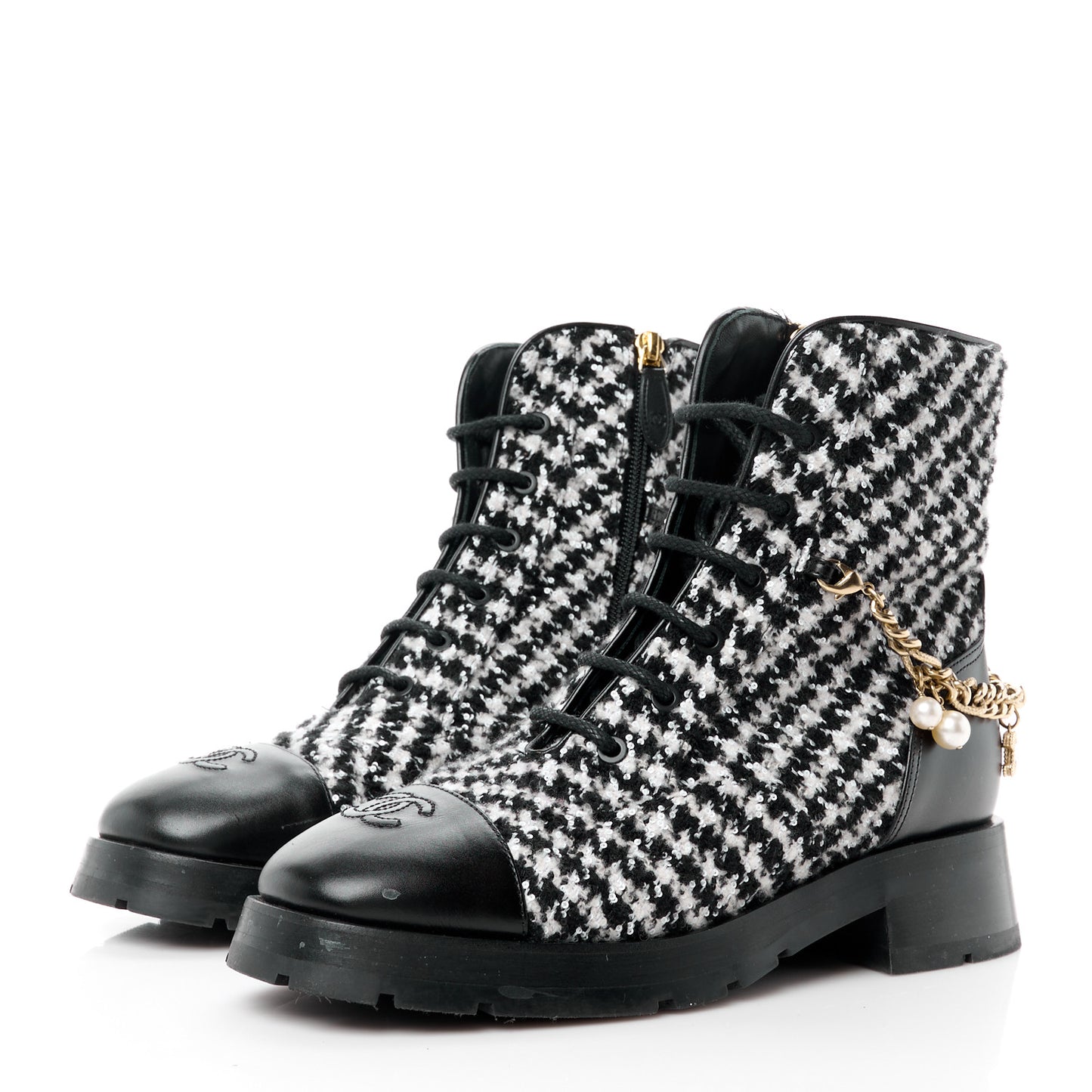 Wool Tweed Calfskin Chain Lace Up Combat Boots 40 Black White