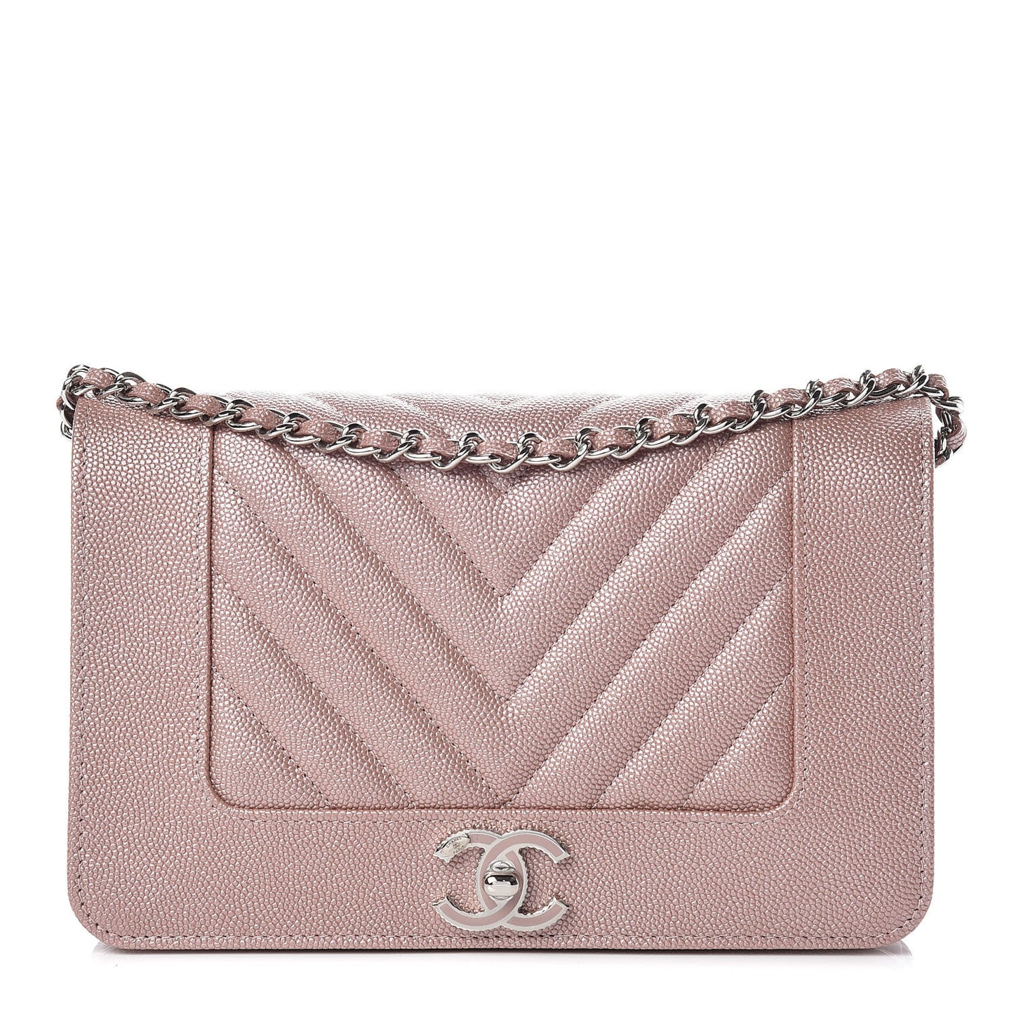 Metallic Caviar Chevron Quilted Vintage Mademoiselle Wallet On Chain WOC Pink
