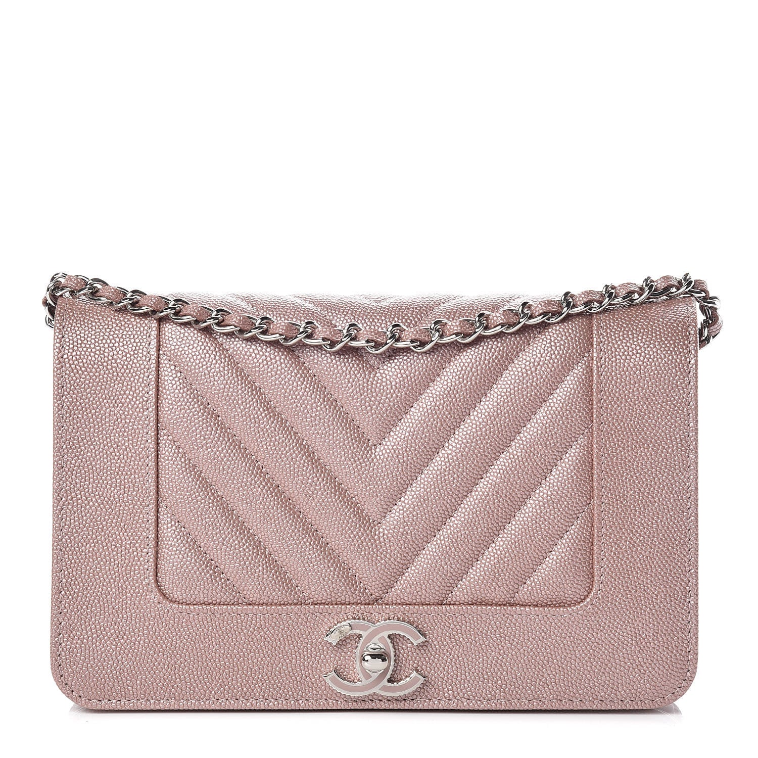Chanel Metallic Caviar Chevron Quilted Vintage Mademoiselle Wallet On Chain WOC Pink 1 of 10