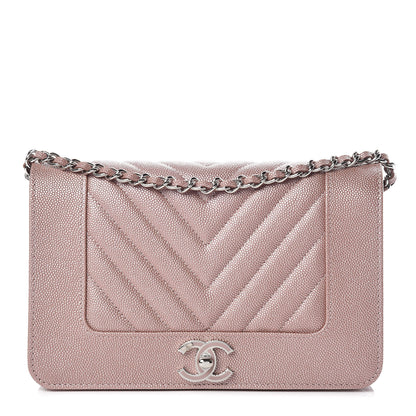 Chanel Metallic Caviar Chevron Quilted Vintage Mademoiselle Wallet On Chain WOC Pink 1 of 10